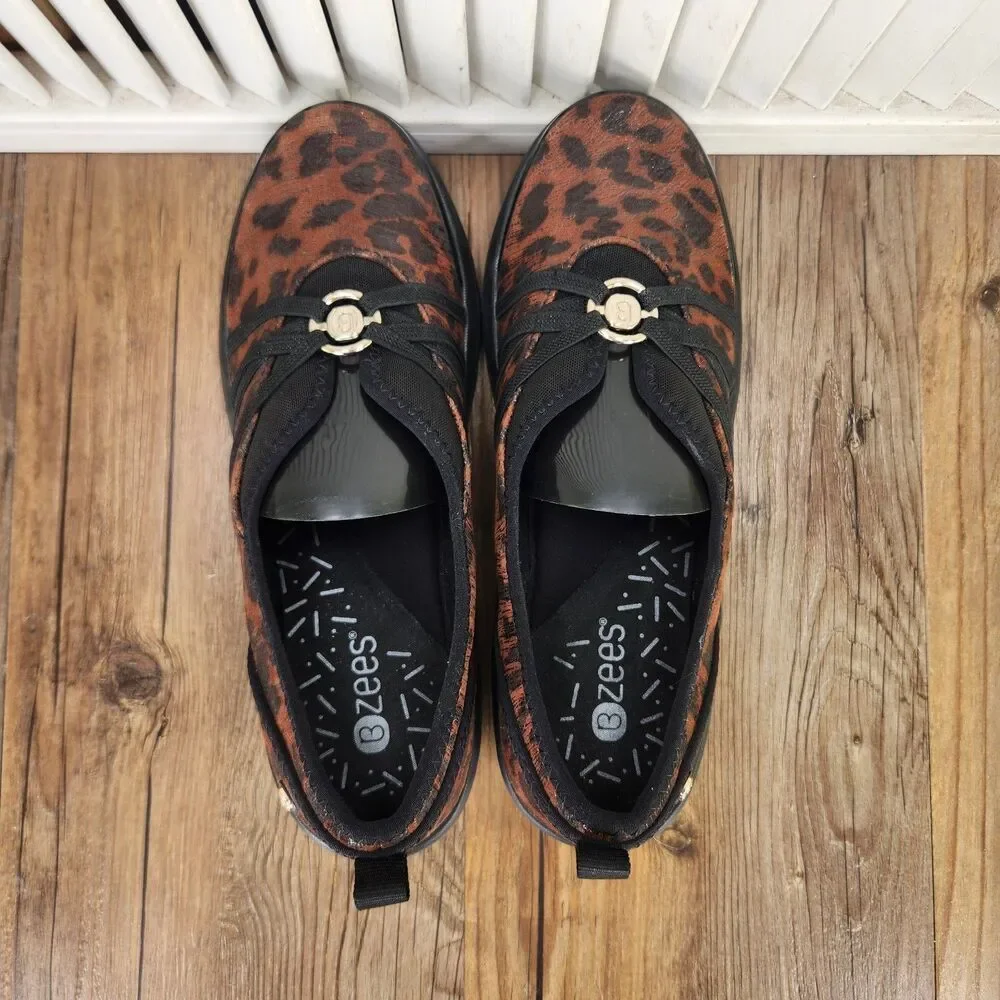 Bzees Rosie Womens Sz 8 M Black Leopard Print Slip On Comfort Loafer Flats Shoes
